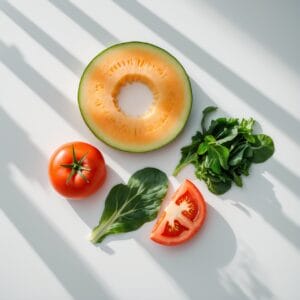 Cut Melons Tomatoes Greens